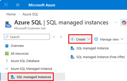 Captura de tela da página de instâncias gerenciadas de SQL na página do hub SQL do Azure no portal do Azure, mostrando o botão +Criar.