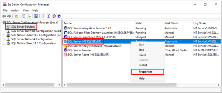 Screenshot que mostra o SQL Server Configuration Manager, com opções para abrir propriedades para o serviço.