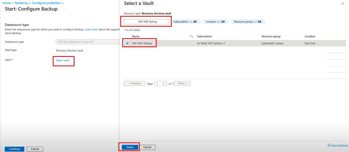 A captura de tela mostra como selecionar um cofre para configurar o backup.