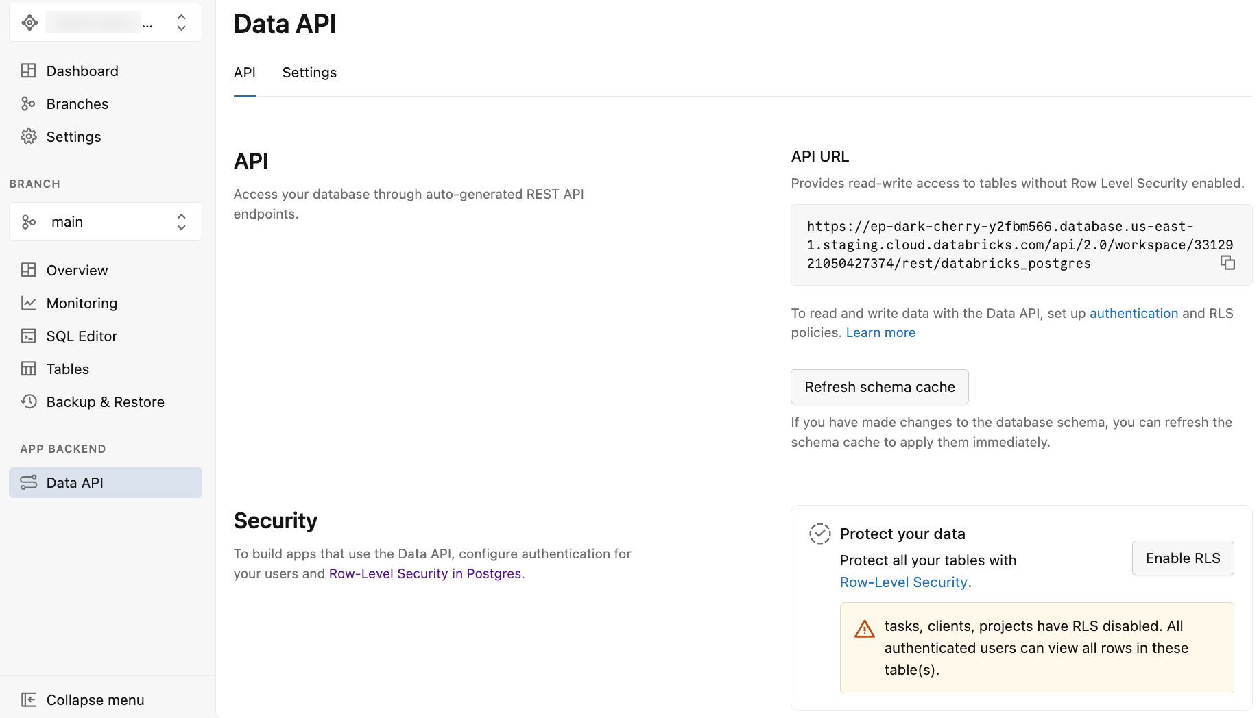Página de API de dados mostrando opções de URL e segurança da API