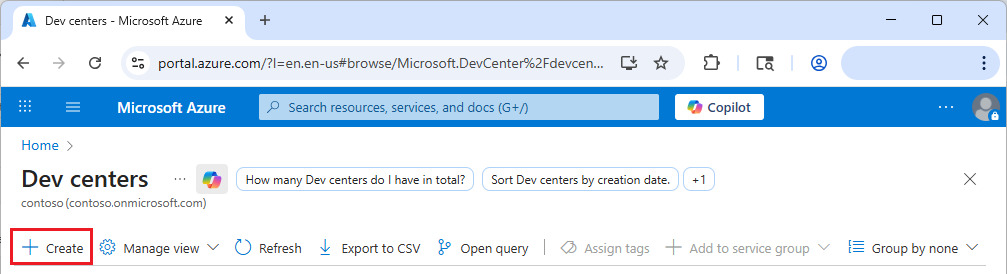 Captura de tela que mostra o portal do Azure com o botão Criar na página para centros de desenvolvimento.