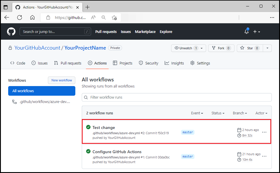 Screenshot do fluxo de trabalho GitHub em execução após a atualização de teste.
