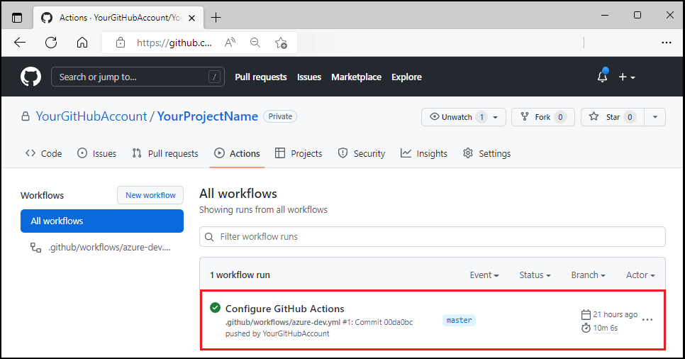 Screenshot do fluxo de trabalho GitHub em execução.