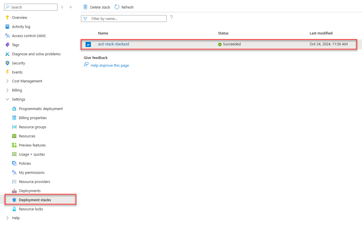 Uma captura de tela mostrando uma pilha de implantação de nível de assinatura no portal do Azure.