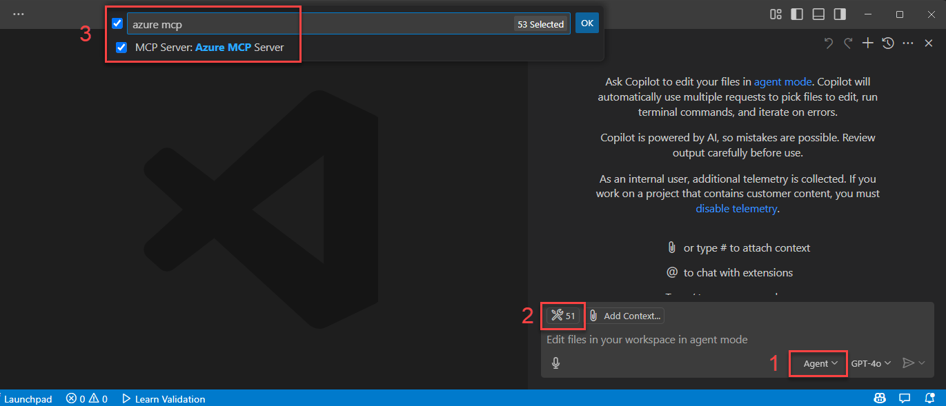Uma captura de tela mostrando o Servidor MCP do Azure como ferramenta Do GitHub Copilot.