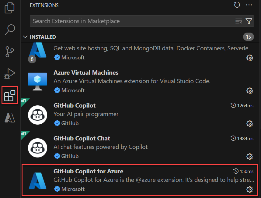 Screenshot que mostra GitHub Copilot para Azure na lista de extensões em Visual Studio Code.