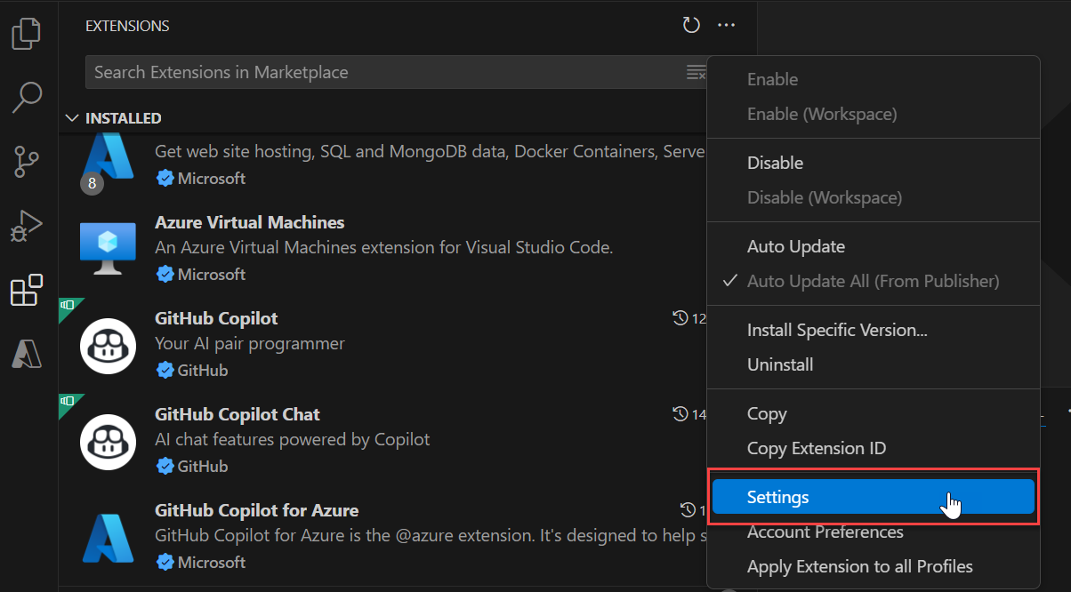 Screenshot que mostra o menu pop-up para GitHub Copilot para Azure.