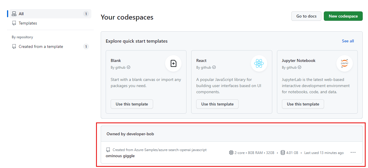 Captura de tela de todos os Codespaces em execução, incluindo seus status e modelos.