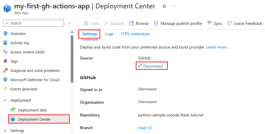 Captura de tela que mostra como desconectar o GitHub Actions de uma instância do Serviço de Aplicativo no portal do Azure.