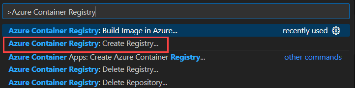 Captura de tela que mostra como pesquisar a tarefa para criar uma nova instância do Registro de Contêiner do Azure no Visual Studio Code.