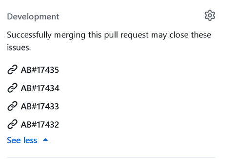 Captura de tela de links AB# na seção de desenvolvimento da solicitação de pull no GitHub.