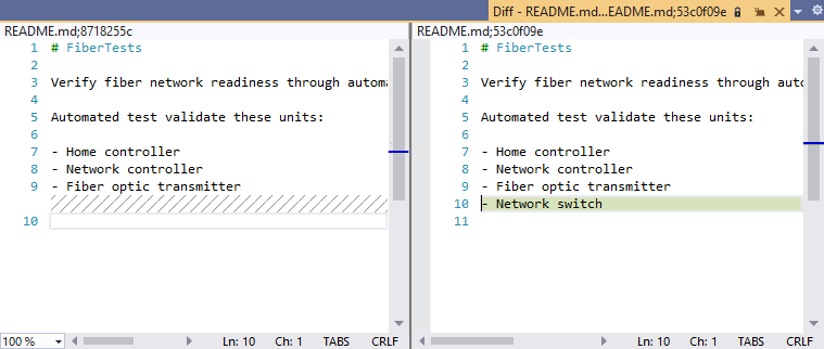 Captura de tela de uma janela de diferenciação de arquivo no Visual Studio 2019.
