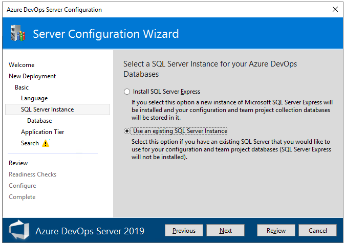 Screenshot da página da Instância do SQL Server. 