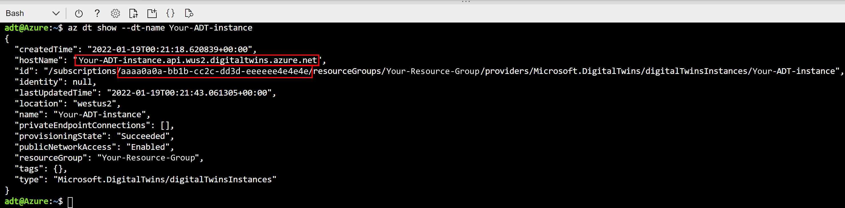 Captura de tela da janela do navegador do Cloud Shell mostrando a saída do comando az dt show. O campo hostName e&nbsp;a ID da assinatura estão realçados.