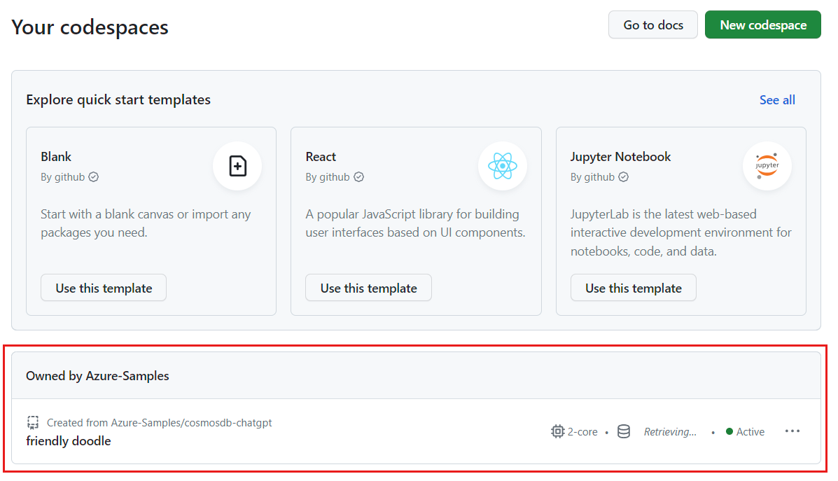 Captura de tela de todos os devcontainers em execução, incluindo seu status e modelos.