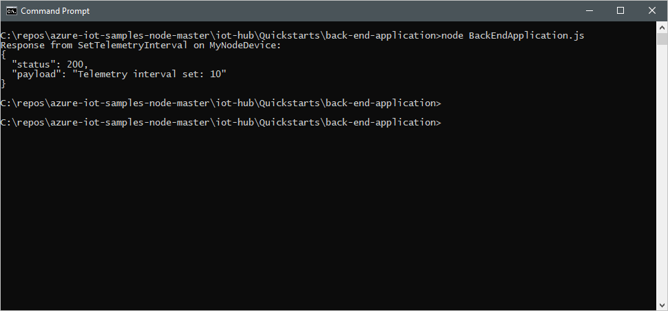 Captura de tela de uma janela de terminal que mostra o resultado da chamada de método direto do aplicativo de serviço.