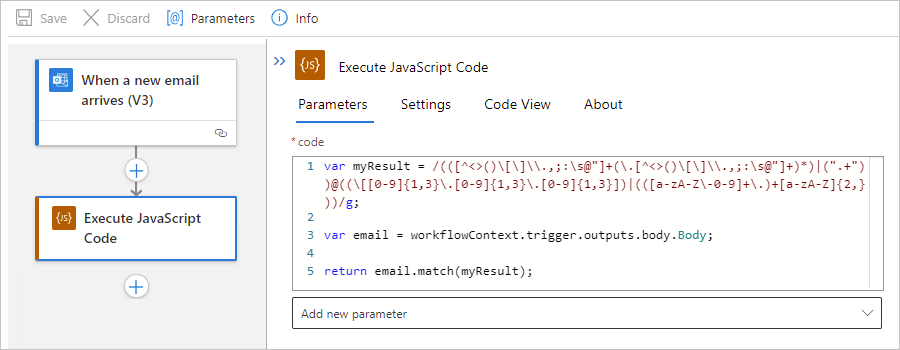 Captura de tela mostrando o fluxo de trabalho do aplicativo lógico Standard e a ação Executar Código JavaScript com uma instrução de retorno.