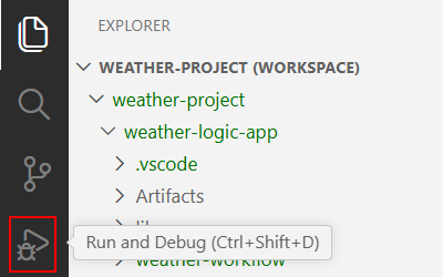 A captura de tela mostra a barra de atividades do Visual Studio Code com a opção Executar e Depurar selecionada.