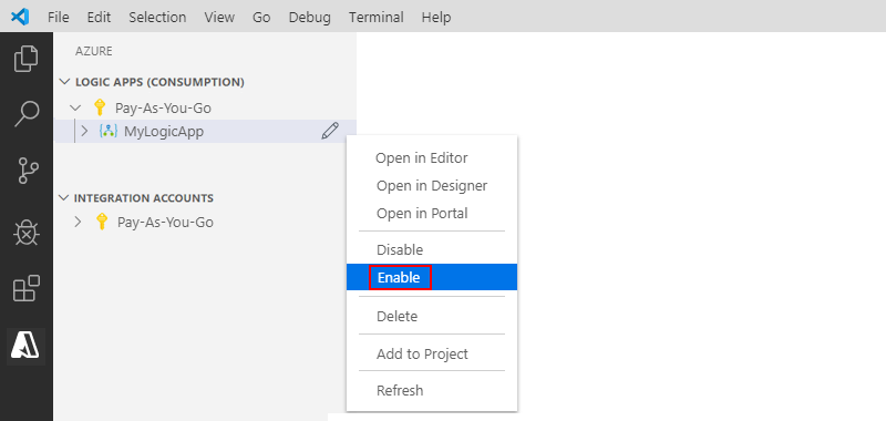 Captura de tela que mostra o Visual Studio Code e como habilitar um recurso de aplicativo lógico.