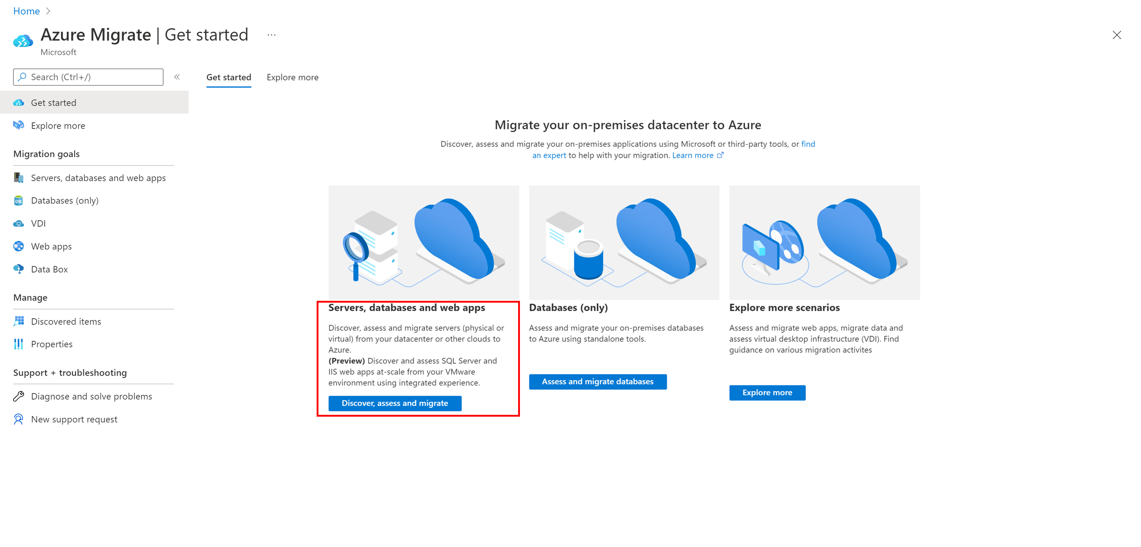 Captura de tela da página Visão geral do Azure Migrate.