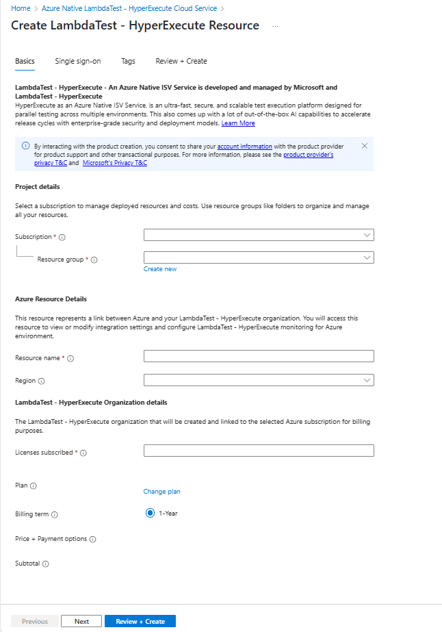 Uma captura de tela das opções Criar Recurso LambdaTest – HyperExecute no Azure dentro do painel de trabalho do portal do Azure com a guia Básico exibida.