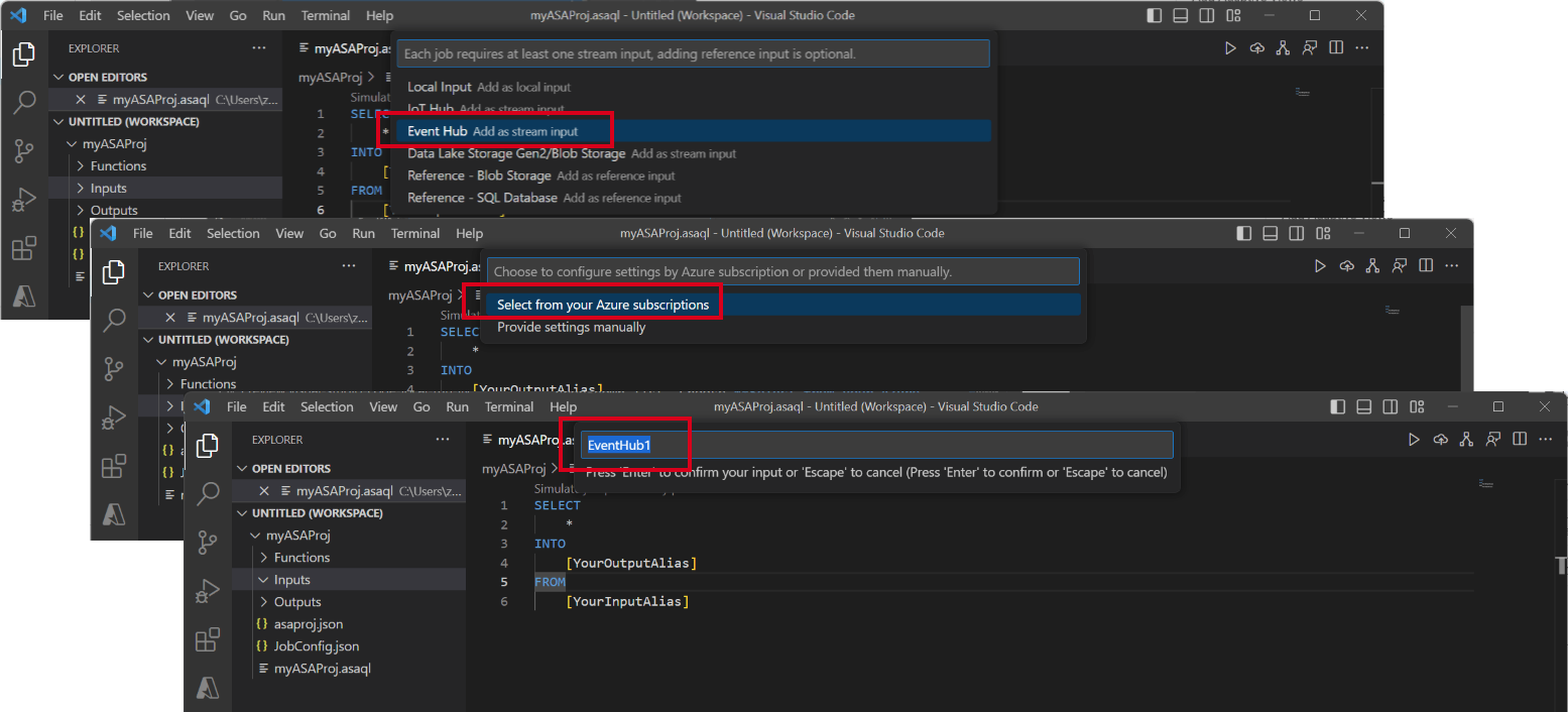 Captura de tela da extensão do VS Code mostrando uma série de etapas para a configuração de entrada do Hub de Eventos.