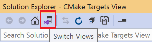 Screenshot do gerenciador de soluções Visual Studio mostrando o botão para alternar as exibições. Ele está localizado à direita do botão inicial.