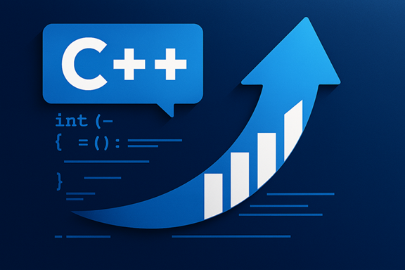 Logotipo C++ com uma seta para cima e código abstrato em um plano de fundo azul, sugerindo melhorias na atualização.