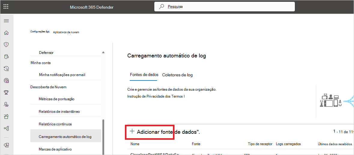 Captura de tela da guia Fontes de dados mostrando o botão Adicionar fonte de dados nas configurações do Cloud Discovery.