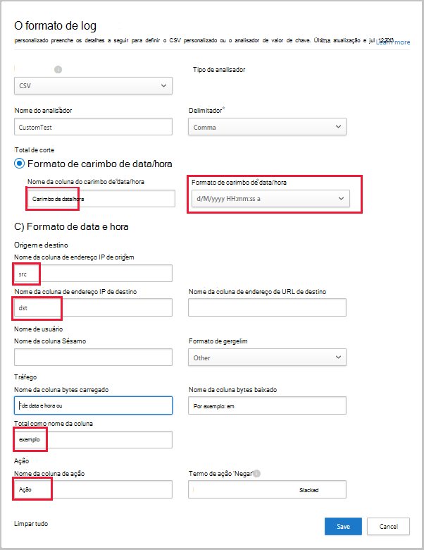 Captura de tela da caixa de diálogo Formato de log personalizado, com valores preenchidos.