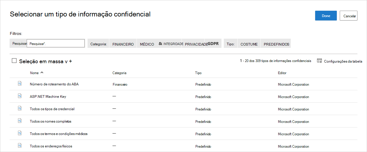 Captura de tela da página de configuração de política de arquivo com tipos de informações confidenciais selecionados como o tipo de inspeção do Serviço de Classificação de Dados.