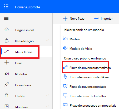 Captura de tela do portal Power Automate mostrando a opção criar novo fluxo.