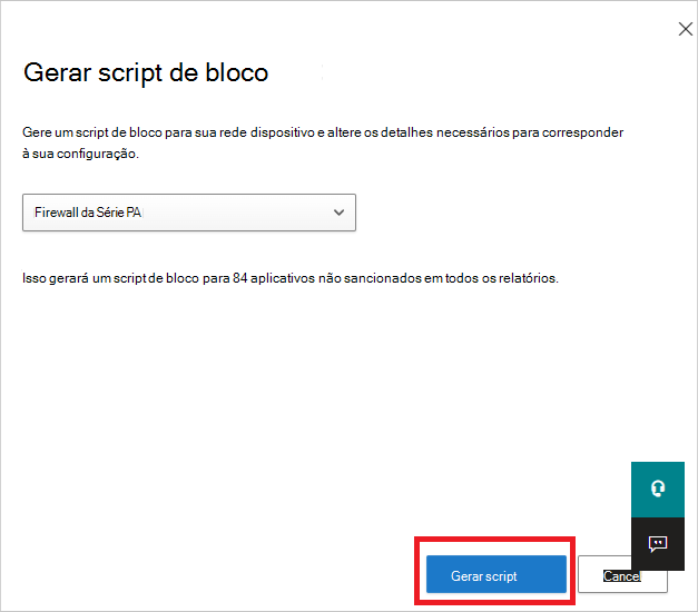 Captura de tela do botão Gerar script usado para criar um script de bloco para todos os aplicativos não sancionados.