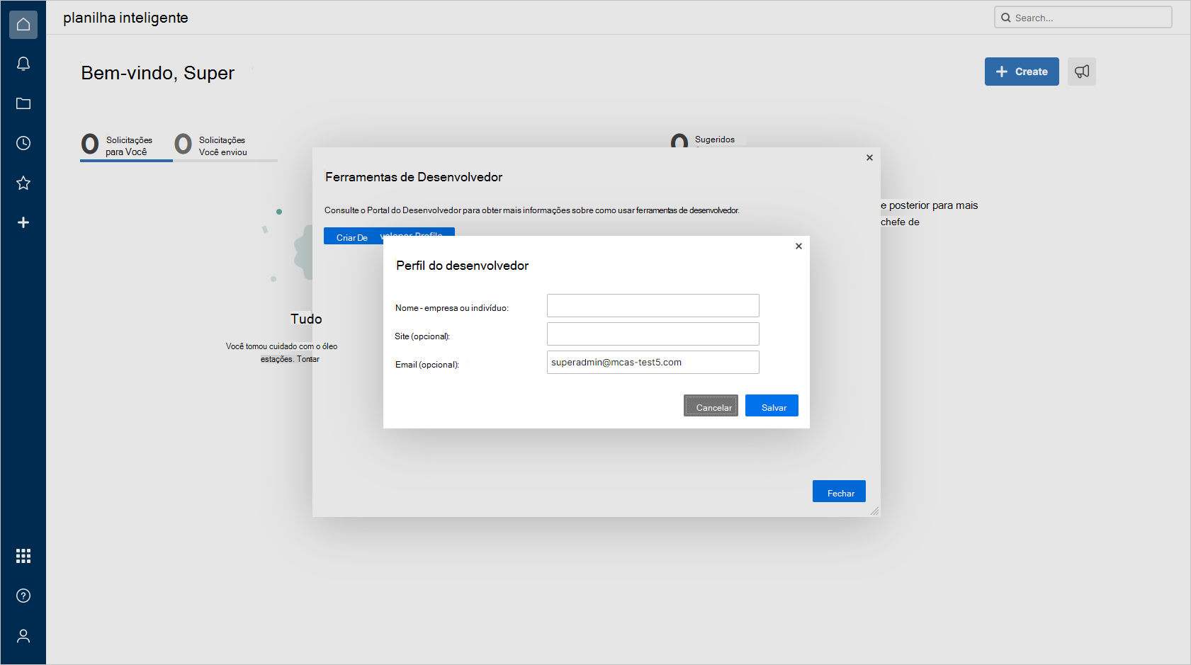 Captura de tela do formulário Criar Perfil de Desenvolvedor com campos para inserir seu nome e endereço de e-mail.