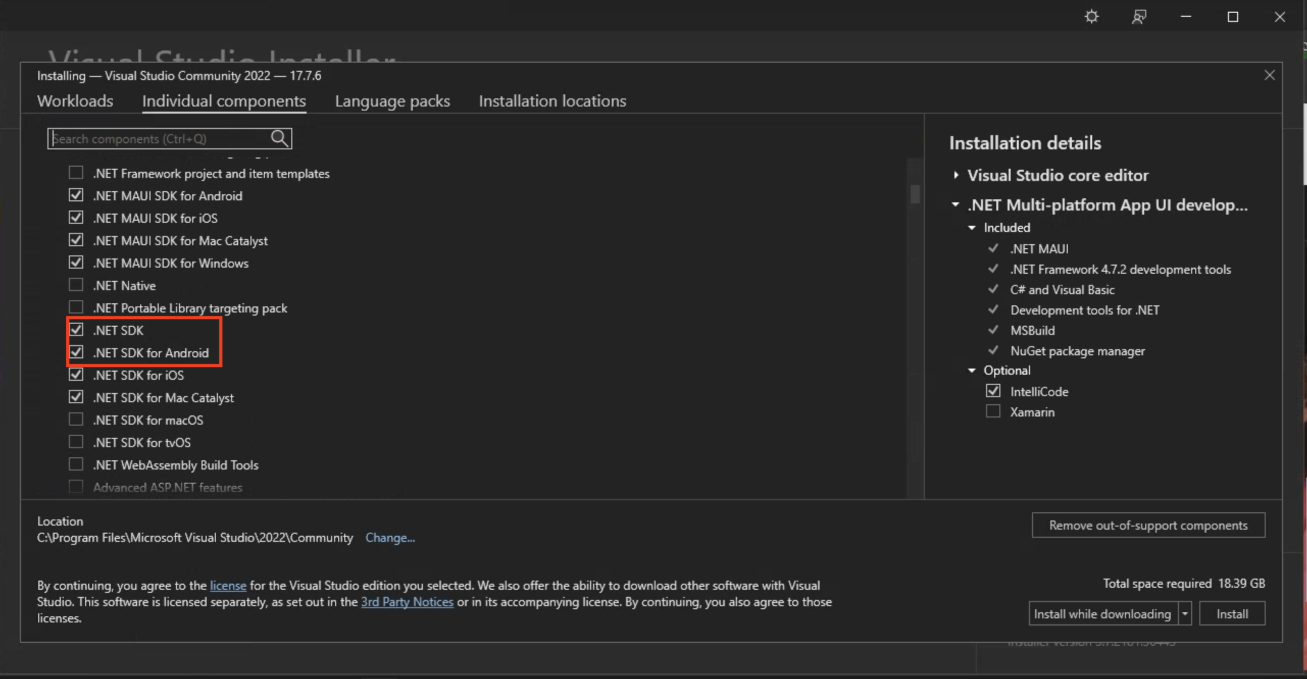 Selecione o componente do SDK do .NET para Android