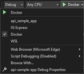 Opções de execução do Docker do Visual Studio