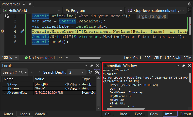 Janelas Locais e Imediatas no Visual Studio