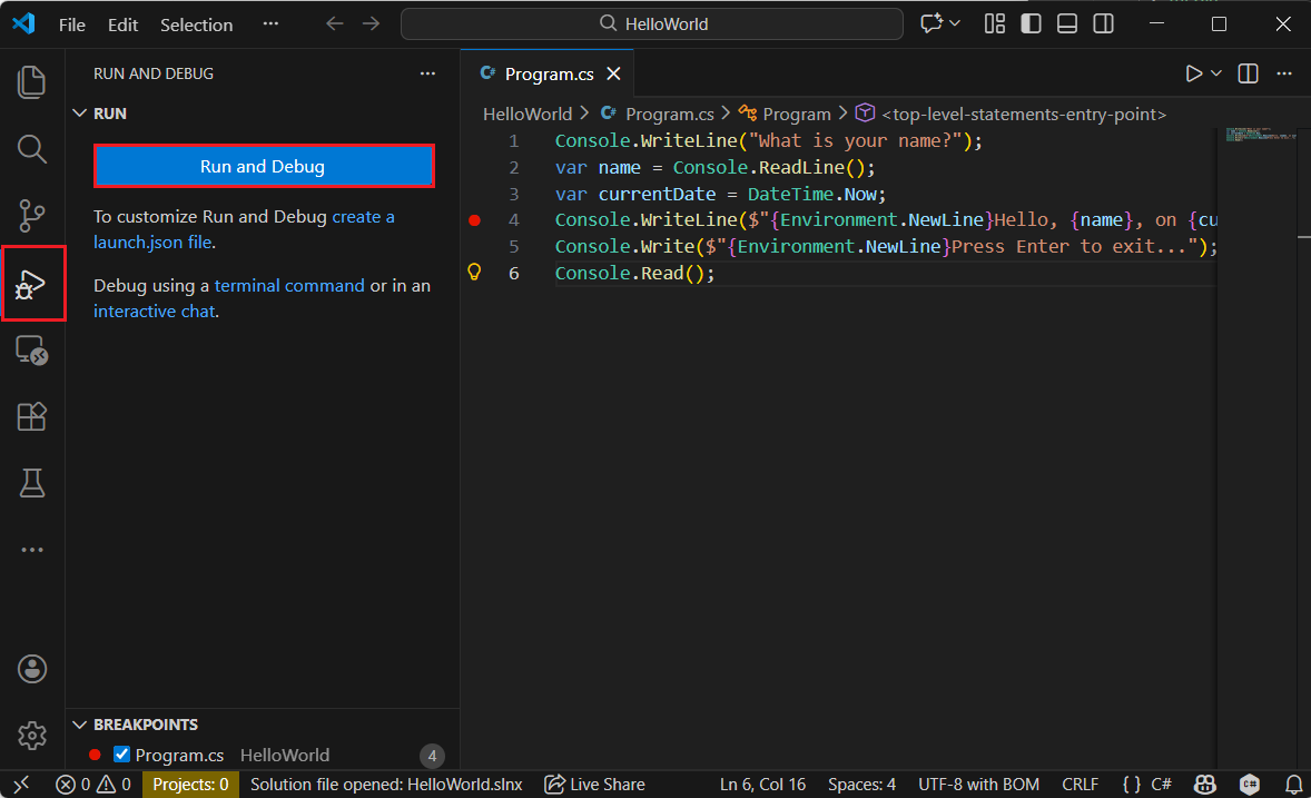 Opene a guia Depurar em Visual Studio Code