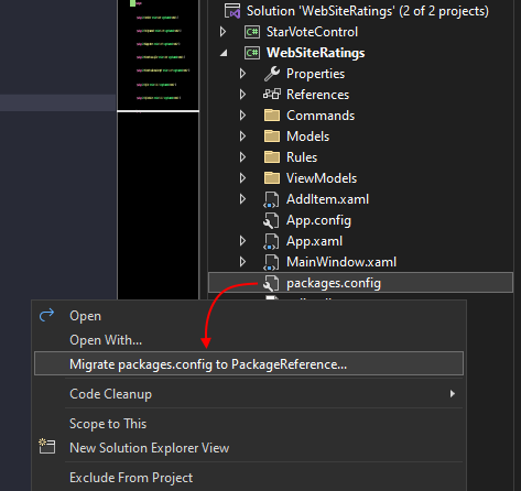 O menu contextual do Gerenciador de Soluções no Visual Studio, exibindo o item 'Migrar packages.config'.