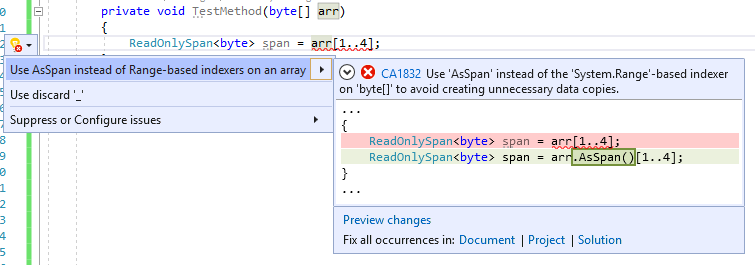 Correção de código para CA1832: usar AsSpan ou AsMemory em vez de indexadores baseados em intervalo para obter uma porção ReadOnlySpan ou ReadOnlyMemory de uma matriz