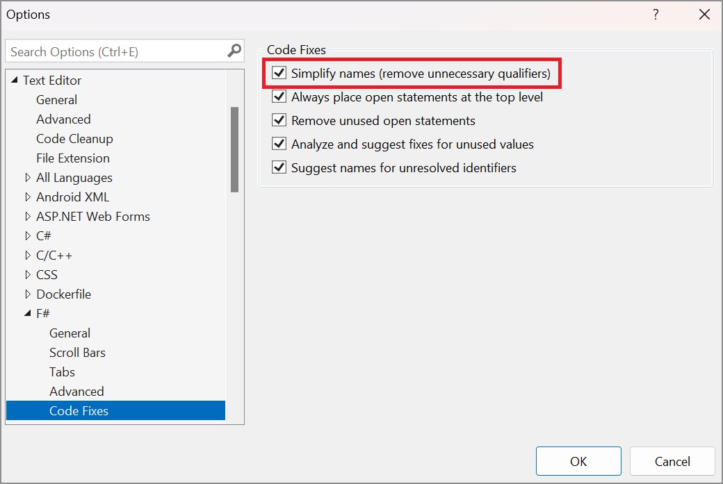 A interface de opções de ferramentas do usuário no Visual Studio mostrando opções do editor de texto F#.