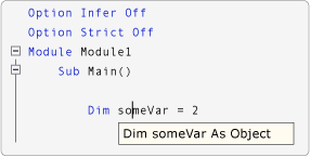 Captura de tela mostrando a exibição do IntelliSense quando a opção Infer está desativada.
