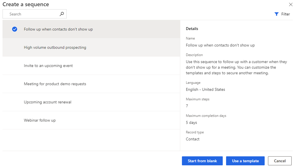 Captura de tela da seleção de uma opção para criar uma sequência no Dynamics 365 Sales.