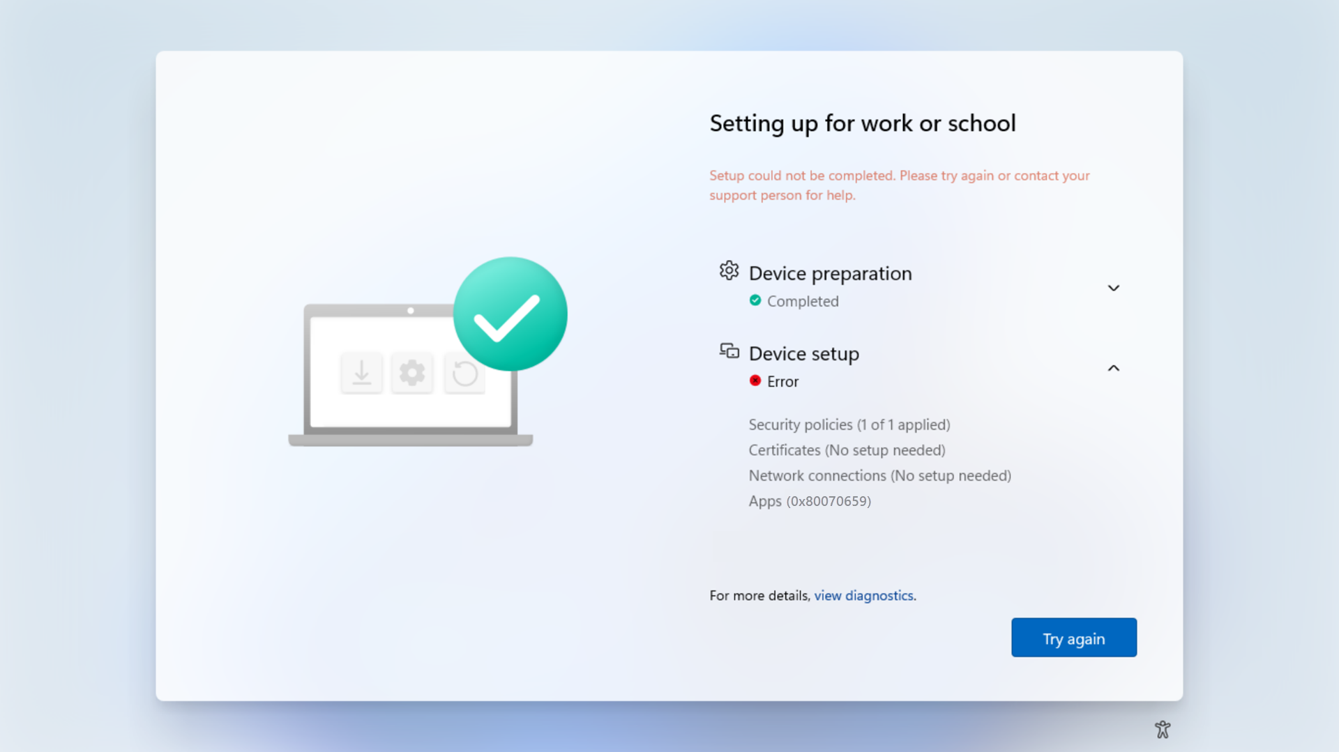Captura de tela da Página de Status do Registro mostrando um erro no OOBE no Windows 11 SE.