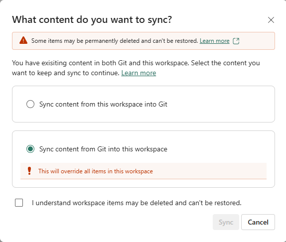 Captura de tela de uma caixa de diálogo perguntando para qual direção sincronizar se tanto o Git e o workspace tiver conteúdo.