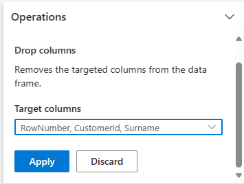 Captura de tela mostra a remoção de colunas no Data Wrangler.