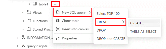 Captura de tela do portal do Fabric mostrando como criar um script do T-SQL de um objeto de banco de dados.