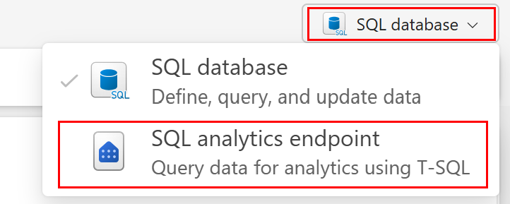 Captura de tela do portal do Fabric que mostra a lista suspensa do editor de consultas contendo as opções de banco de dados SQL e endpoint de análise SQL.