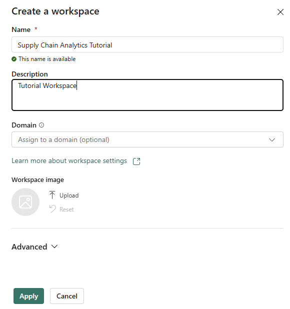 Captura de tela do diálogo de criação de workspace no portal do Fabric.