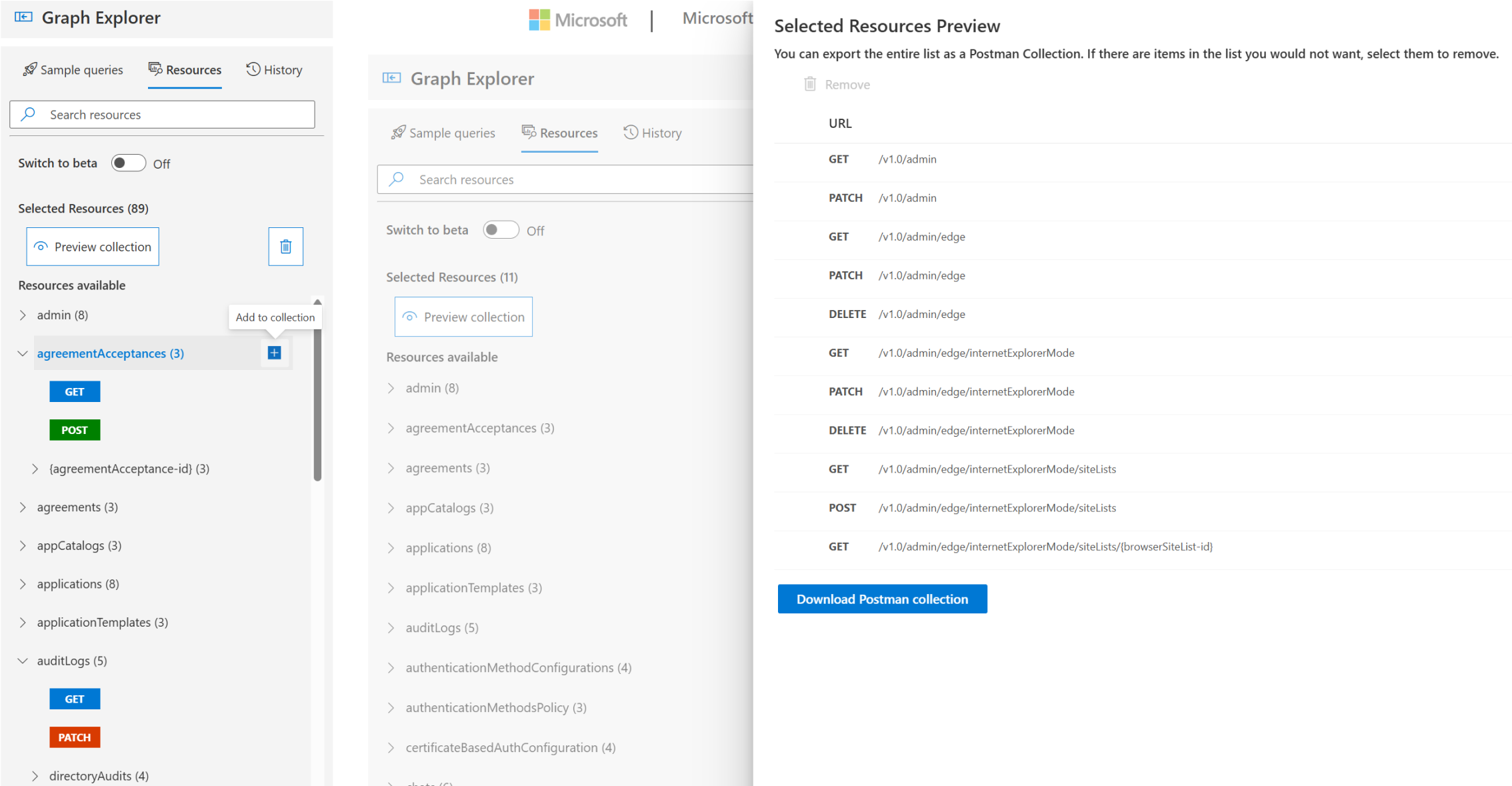 À esquerda, há uma captura de tela da guia Resources no Graph Explorer. O lado direito exibe o painel Visualizar coleção.